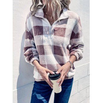 

Striped Check Print Fluffy Sweatshirt Zipper Long Sleeve Fuzzy Sweatshirt, Coffee