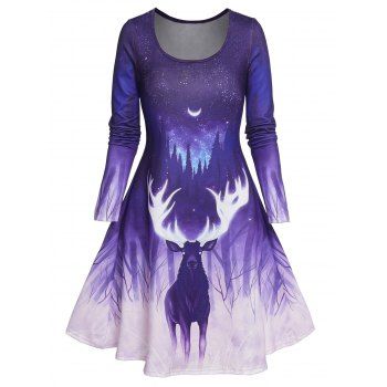 

Christmas Elk Moon Starry Night Forest Print Mini Dress Long Sleeve Scoop Neck Dress, Concord