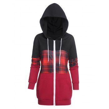 

Colorblock Jacket Hooded Jacket Plaid Print Panel Drawstring Pocket Long Sleeve Zip Up Jacket, Multicolor