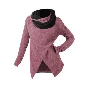 

Colorblock Crossover Shawl Neck Asymmetric Knit Top Long Sleeve Heathered Knitted Top, Deep red