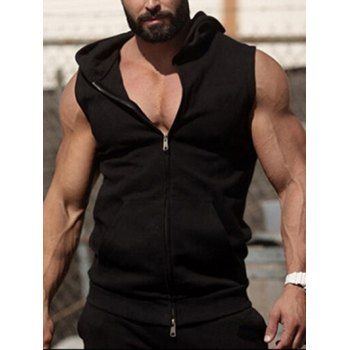 

Solid Color Hooded Tank Top Front Pockets Zip Up Casual Tank Top With Hood, Black