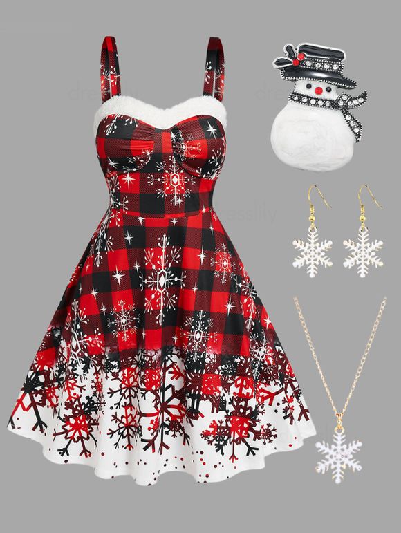 Plus Size Christmas Plaid Print Faux Fur Panel A Line Dress And Cute Snowman Brooch Snowflake Necklace Earrings Set - RED L