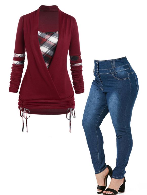 Plus Size Plaid Print Cinched Tie Faux Twinset Knitwear And Zipper Fly Pockets Jeans Casual Outfit - multicolor L