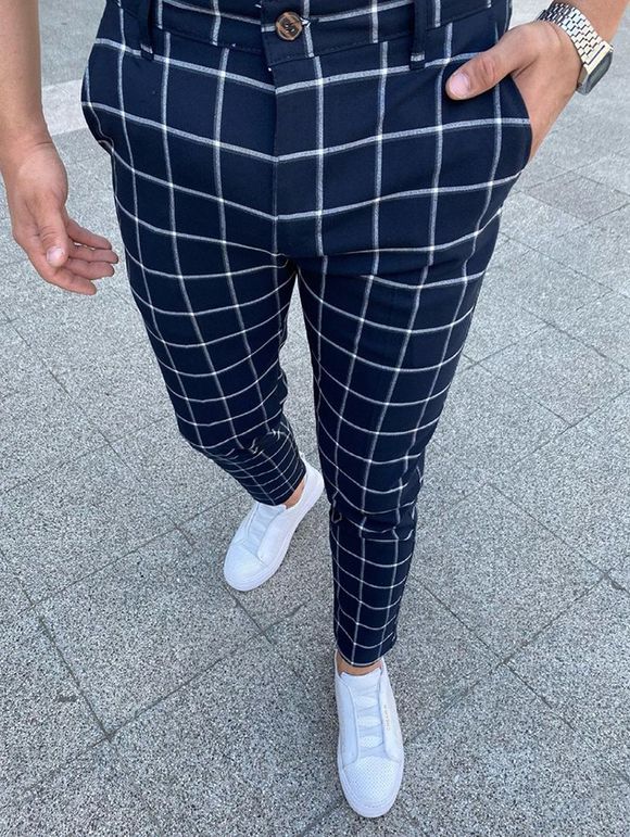 Pantalon Crayon Chino Zippé à Carreaux Imprimé - Bleu profond S