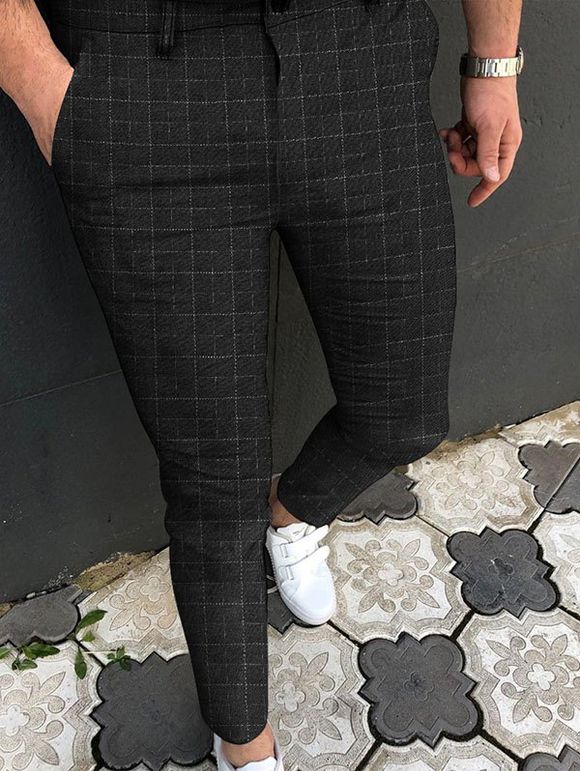 Pantalon Crayon Long à Carreaux à Imprimé Grille Partout Zippé - Noir XL