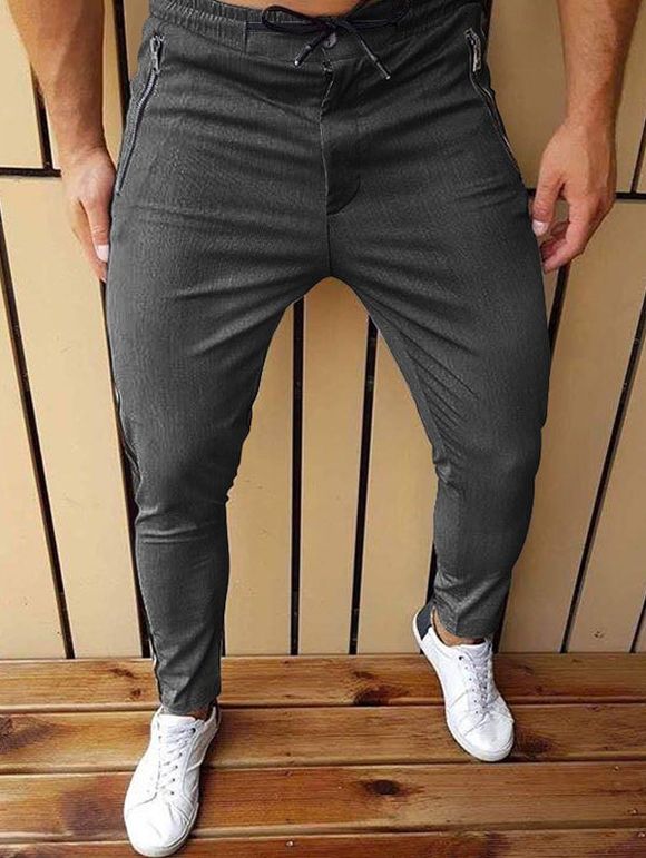 Pantalon Crayon en Couleur Unie Zippée à Taille Elastique à Cordon - Gris Foncé M