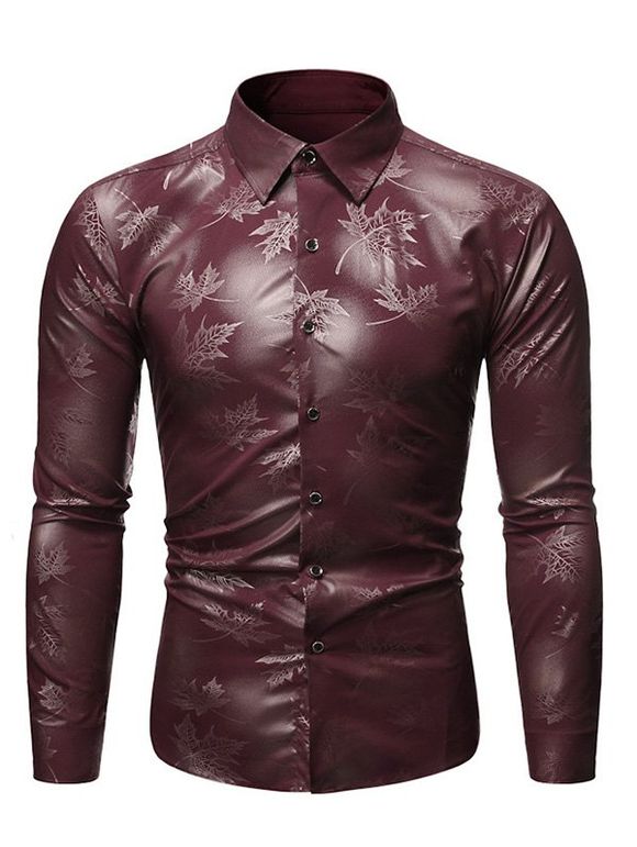 Chemise à Imprimé Feuille D'Érable Boutonnée à Manches Longues à Col Relevé - Rouge foncé XXL