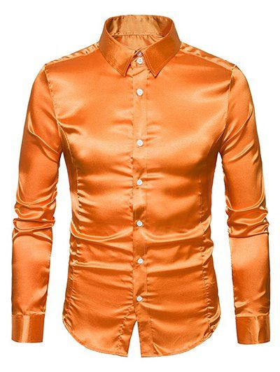 Chemise en Couleur Brillante Boutonnée Manches Longues à Col Relevé - Orange XXL