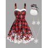 Plus Size Christmas Plaid Print Faux Fur Panel A Line Dress And Cute Snowman Brooch Snowflake Necklace Earrings Set - RED L