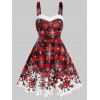 Plus Size Christmas Plaid Print Faux Fur Panel A Line Dress And Cute Snowman Brooch Snowflake Necklace Earrings Set - RED L