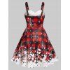Plus Size Christmas Plaid Print Faux Fur Panel A Line Dress And Cute Snowman Brooch Snowflake Necklace Earrings Set - RED L
