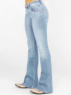 Flare Jeans Topstitching Pockets Zipper Fly Long Denim Pants 