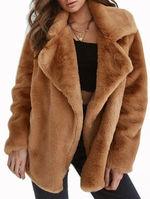 Faux Fur Coat Plain Color Turn Down Collar Open Front Long Sleeve Coat
