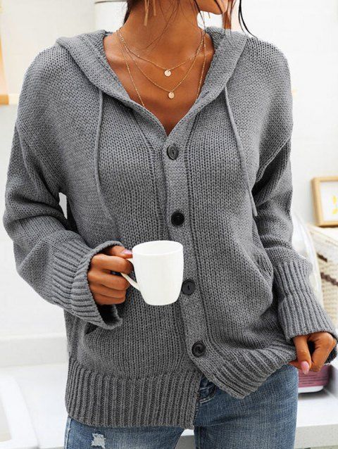 Textured Hooded Sweater Plain Color Button Up Drawstring Long Sleeve Sweater