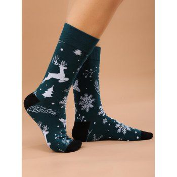

Christmas Tree Snowflake Elk Polka Dots Print Socks, Deep green