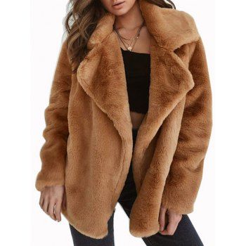 

Faux Fur Coat Plain Color Turn Down Collar Open Front Long Sleeve Coat, Coffee