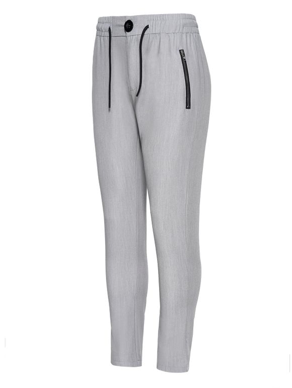 Pantalon Crayon en Couleur Unie Zippée à Taille Elastique à Cordon - Gris Clair XL