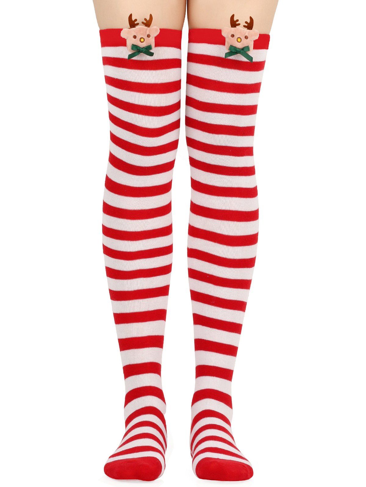Chaussettes de Noël Hautes Rayées Motif de Cerf Coloré - Rouge 1 PAIR