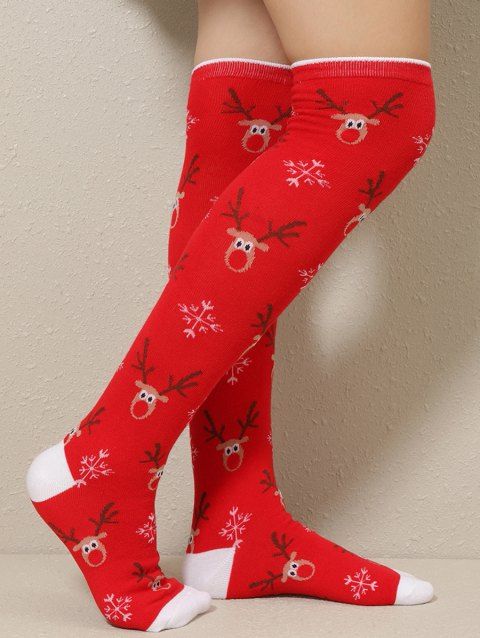 Christmas Cute Elk Snowflake Print Over The Knee Stockings