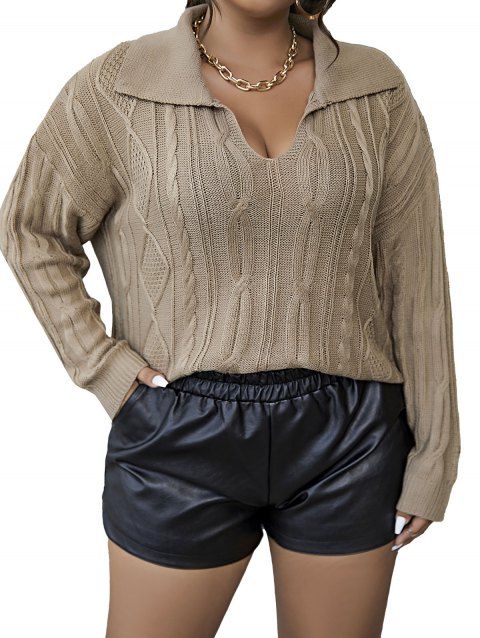 Plus Size Drop Shoulder Twisted Knit Sweater Solid Color Turndown Collar Notched Curve Sweater