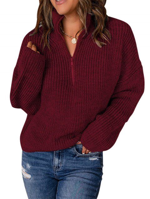 Pull Décontracté en Couleur Unie Goutte Epaule à Demi-Zip