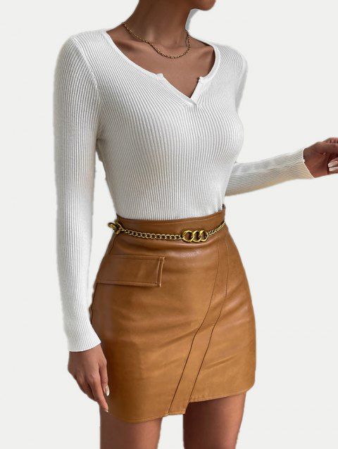 Pure Color Ribbed Knit Top Notched Round Neck Long Sleeve Knitted Top