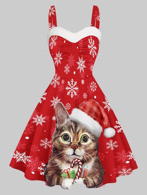 Christmas Cute Cat Snowflake Print Mini Dress Faux Fur Panel Sweetheart Neck Ruched Bust A Line Cami Dress