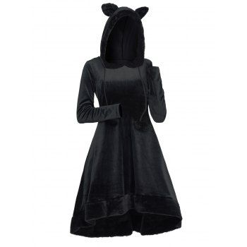 

Fuzzy Ball Animal Ear Hood High Low Dress Long Sleeve High Waist Hooded Dress, Black