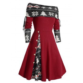 

Colorblock Dress Christmas Dress Tree Snowflake Print Cinched Godet Long Sleeve A Line Mini Dress, Deep red