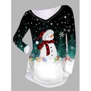 

Christmas Cute Snowman Snowflake Graphic T-shirt Long Sleeve Curved Hem V Neck Tee, Deep green