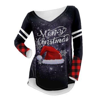 

Merry Christmas Cap Snowflake Galaxy Plaid Graphic T-shirt V Neck Curved Hem Long Sleeve Tee, Black