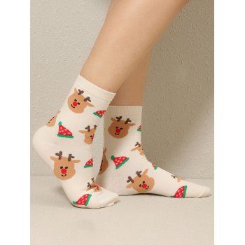 

Christmas Cap Cute Elk Print Crew Socks, White