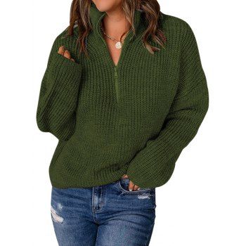 

Drop Shoulder Sweater Half Zipper Solid Color Casual Pullover Sweater, Deep green