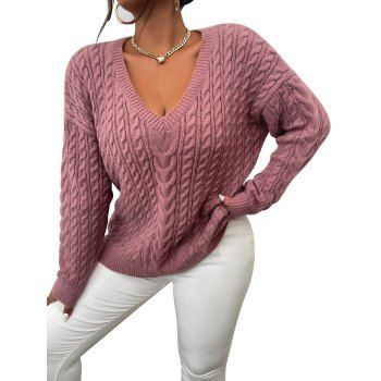 

Plus Size Twisted Cable Knit Drop Shoulder Sweater Solid Color Plunging Neck Pullover Sweater, Light pink