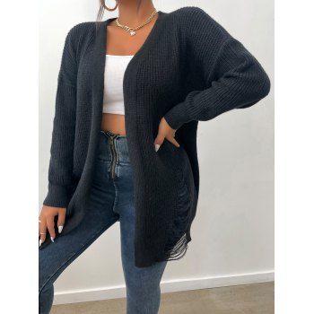 

Plus Size Ripped Drop Shoulder Long Sweater Cardigan Open Front Solid Color Cardigan Coat, Black