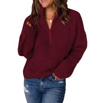 

Drop Shoulder Sweater Half Zipper Solid Color Casual Pullover Sweater, Deep red