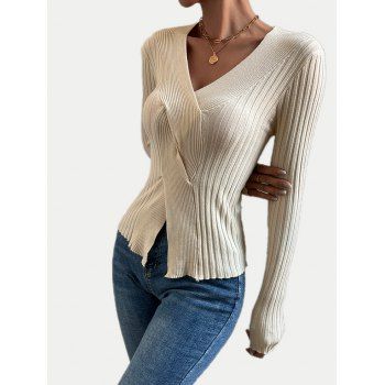 

Solid Color Front Twist Ribbed Knitwear Slim Fit Plunge Neck Long Sleeve Knit Top, Light coffee