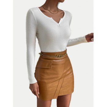 

Pure Color Ribbed Knit Top Notched Round Neck Long Sleeve Knitted Top, White