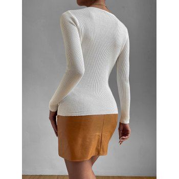 Pure Color Ribbed Knit Top Notched Round Neck Long Sleeve Knitted Top