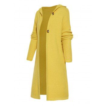 

Drop Shoulder Long Hooded Sweater Coat Button Solid Color Sweater Coat With Hood, Yellow