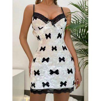 

Velour Bowknot Lace Panel Lingerie Dress Corset Style Sleepwear, Multicolor