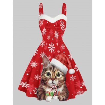 

Christmas Cute Cat Snowflake Print Mini Dress Faux Fur Panel Sweetheart Neck Ruched Bust A Line Cami Dress, Red