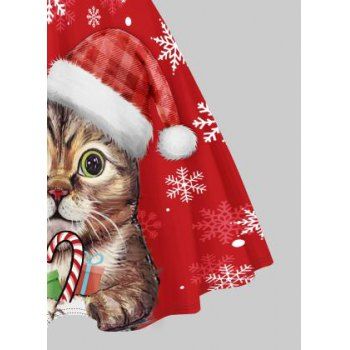 Christmas Cute Cat Snowflake Print Mini Dress Faux Fur Panel Sweetheart Neck Ruched Bust A Line Cami Dress