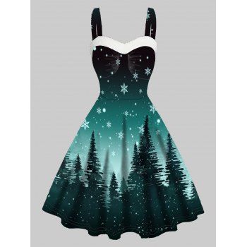 

Christmas Snowflake Forest Print Mini Dress Faux Fur Panel Sweetheart Neck Ruched Bust A Line Cami Dress, Deep green