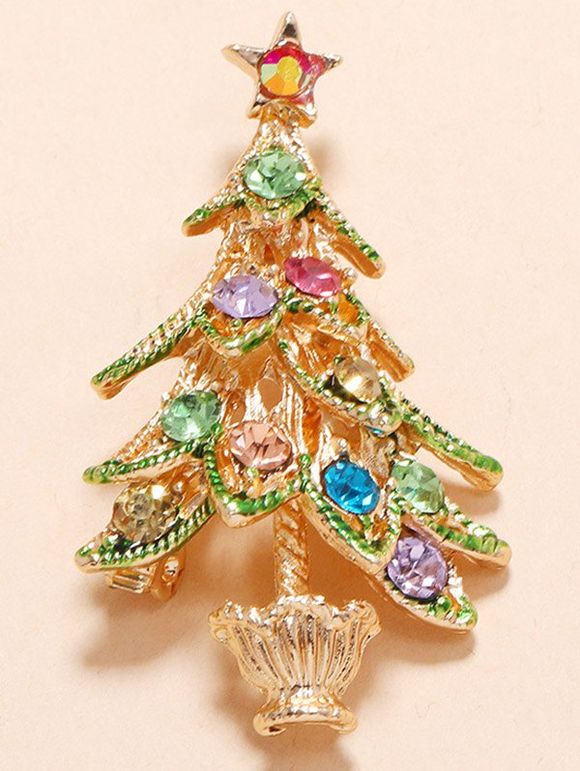 Broche en Forme de Sapin de Noël en Métal et Strass - d'or 