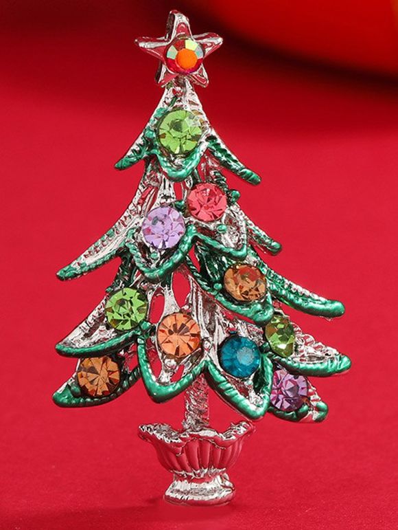Broche en Forme de Sapin de Noël en Métal et Strass - Argent 