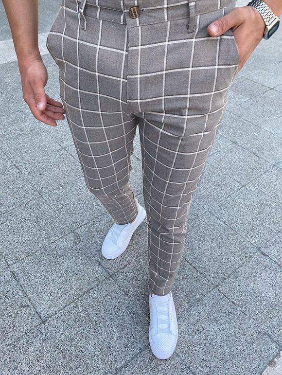 Pantalon Crayon Chino Zippé à Carreaux Imprimé - Gris Foncé M