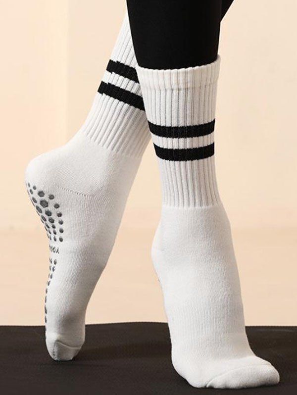 Chaussettes de Sport de Yoga Texturées Rayées Mi-Mollet - Blanc 