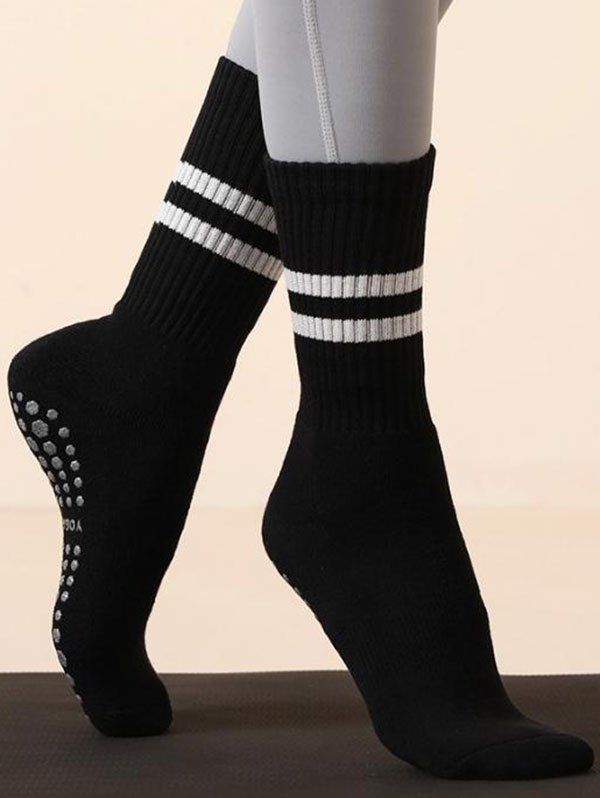 Chaussettes de Sport de Yoga Texturées Rayées Mi-Mollet - Noir 