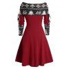 Mini Robe Ligne A en Blocs de Couleurs à Imprimé Flocon de Neige et Sapin de Noël à Manches Longues - Rouge foncé S